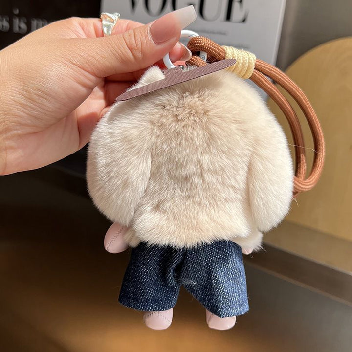 Cute Plush Puppy Fur Bag Charm Soft Real Rabbit Fur Furry Dog Keychain