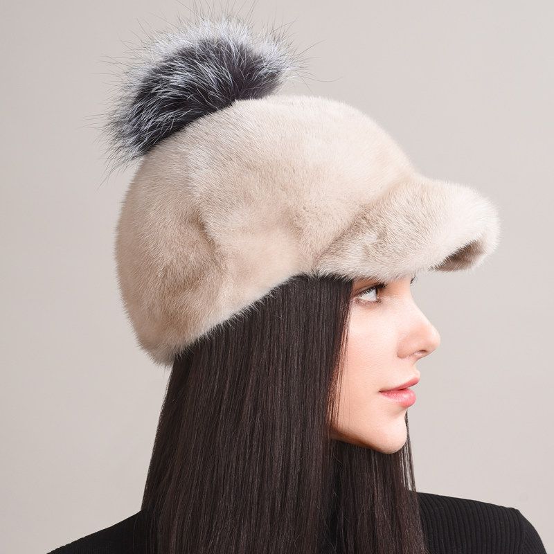 Real Mink Fur Hat with Fox Fur Pom-Pom Women's Luxury Winter Fur Baseball-Style Cap for Cold Weather