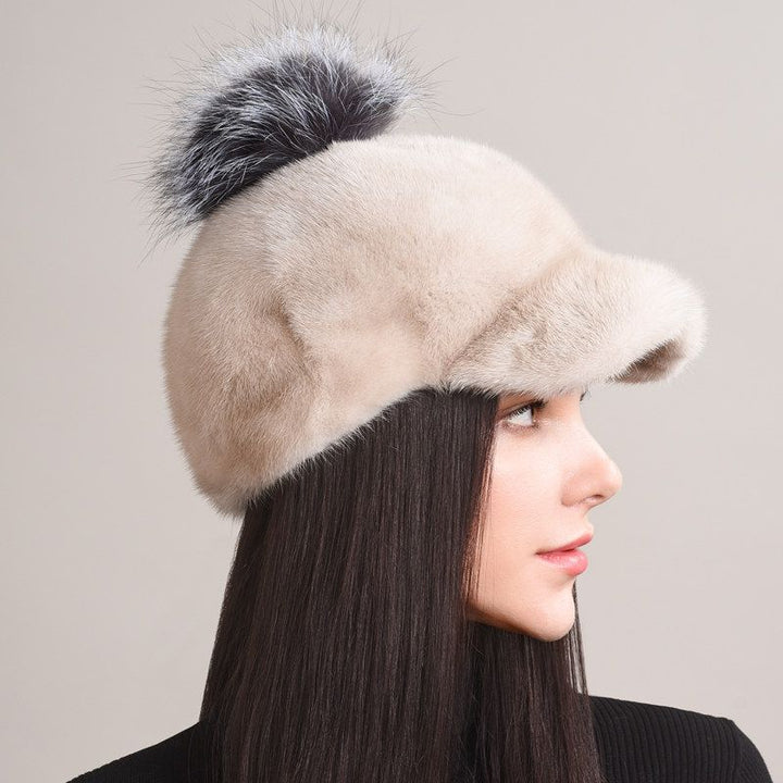 Real Mink Fur Hat with Fox Fur Pom-Pom Women's Luxury Winter Fur Baseball-Style Cap for Cold Weather