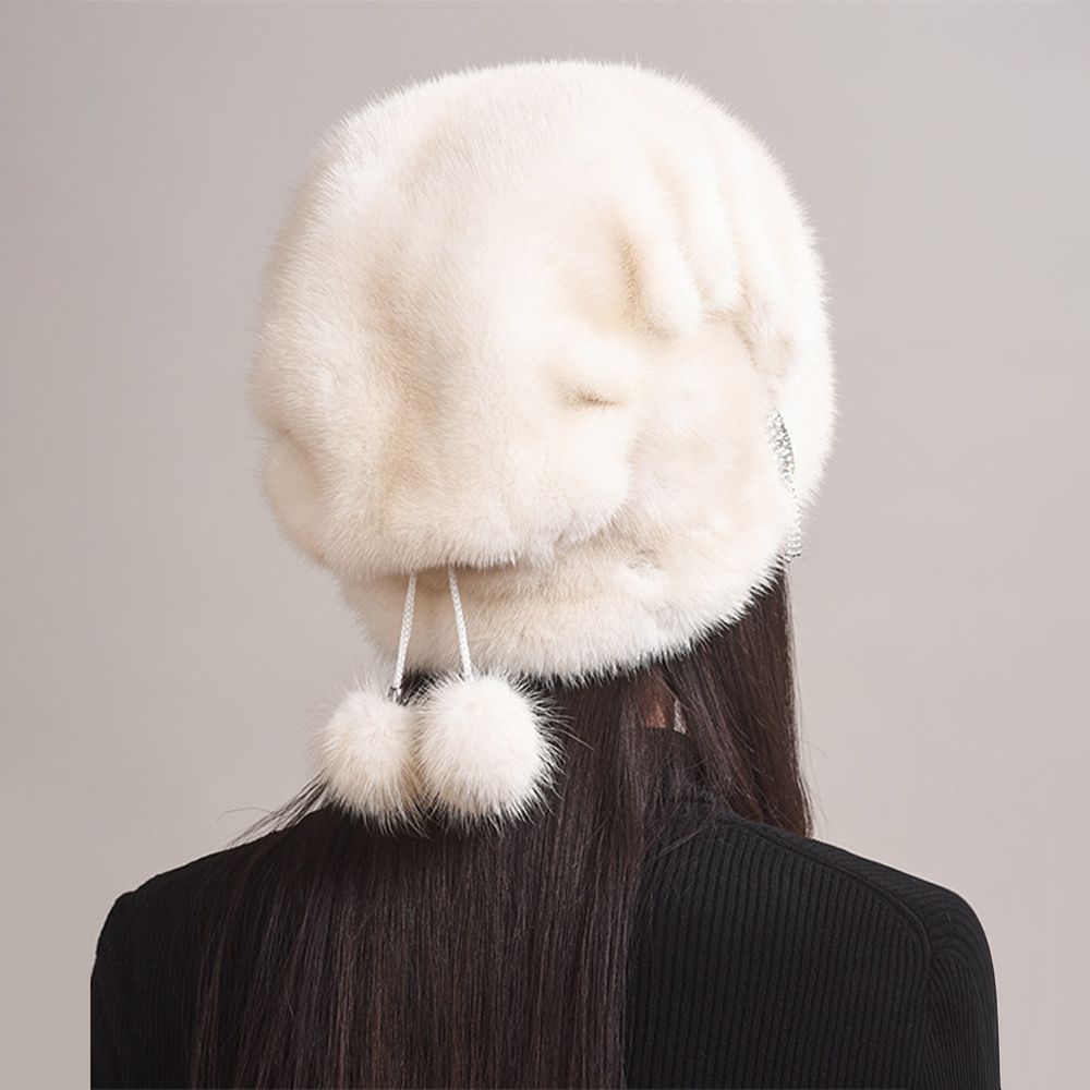 Tiger Printed Luxury Real Mink Fur Hat for Women Winter Slouchy Fur Beanie Beret Hat with Pom-Pom