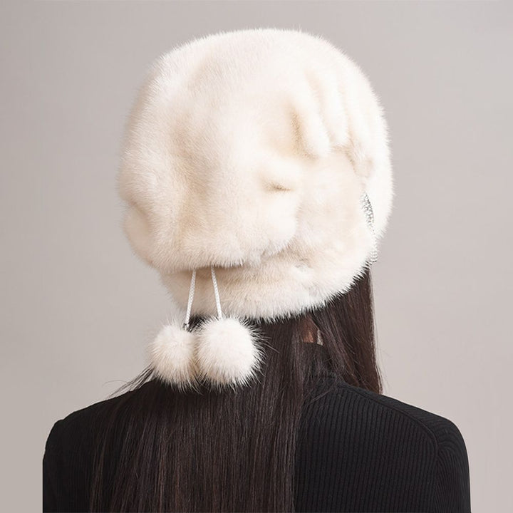 Tiger Printed Luxury Real Mink Fur Hat for Women Winter Slouchy Fur Beanie Beret Hat with Pom-Pom