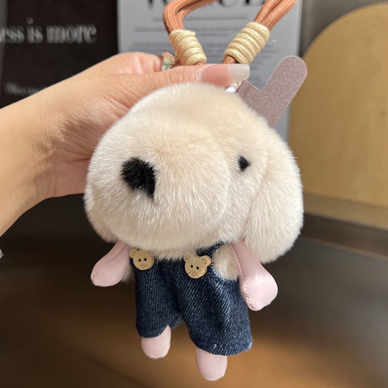Cute Plush Puppy Fur Bag Charm Soft Real Rabbit Fur Furry Dog Keychain