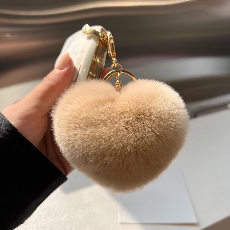Real Rabbit Fur Heart Keychain Fluffy Plush Fur Pom Pom Bag Charm