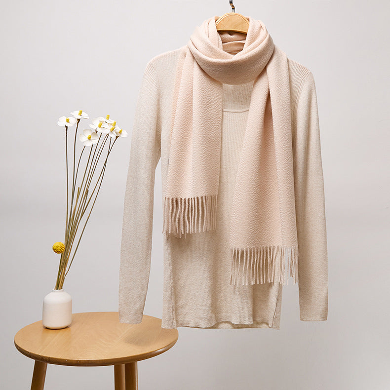 Basic Solid Color Long Cashmere Scarf with Tassels