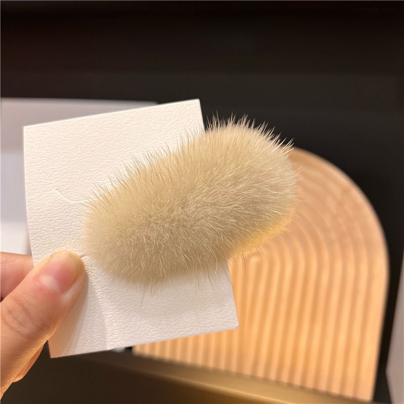 Mink Fur Hair Clip Soft Fluffy Oval Snap Hair Barrette