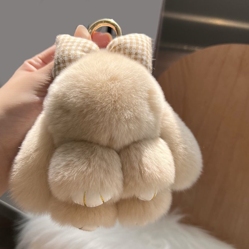 Real Rex Rabbit Fur Bunny Keychain Ultra-Soft Lop Eared Rabbit Key Ring with Bow