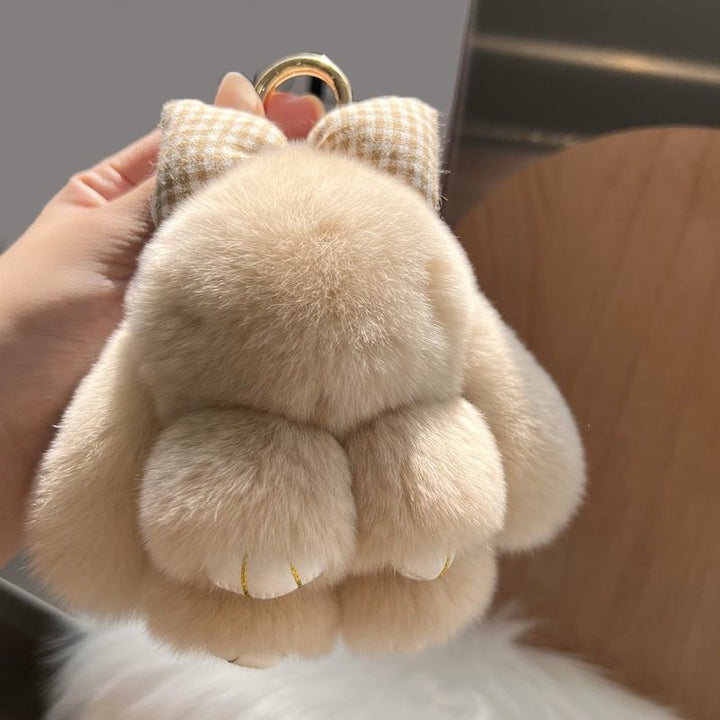 Real Rex Rabbit Fur Bunny Keychain Ultra-Soft Lop Eared Rabbit Key Ring with Bow