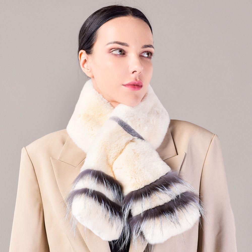 Soft Rabbit Fur Scarf with Fox Fur Trim Fashionable Two-Tone Women Winter Scarf
