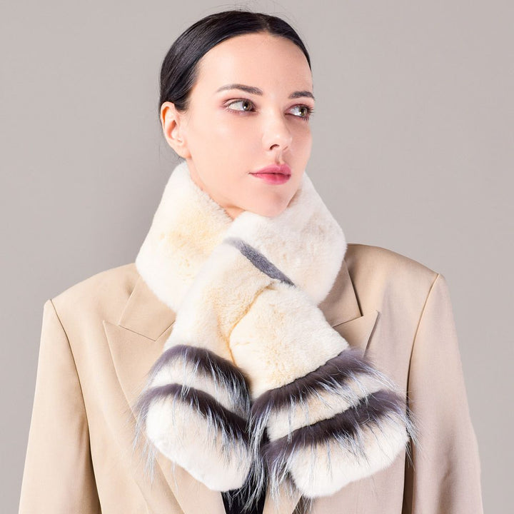 Soft Rabbit Fur Scarf with Fox Fur Trim Fashionable Two-Tone Women Winter Scarf
