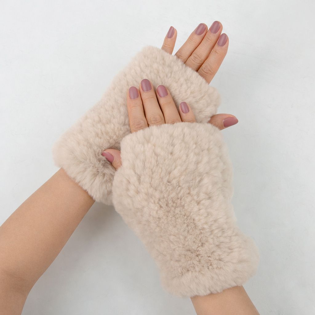 Women’s Real Rabbit Fur Fingerless Gloves Soft Plush Winter Knitted Mittens