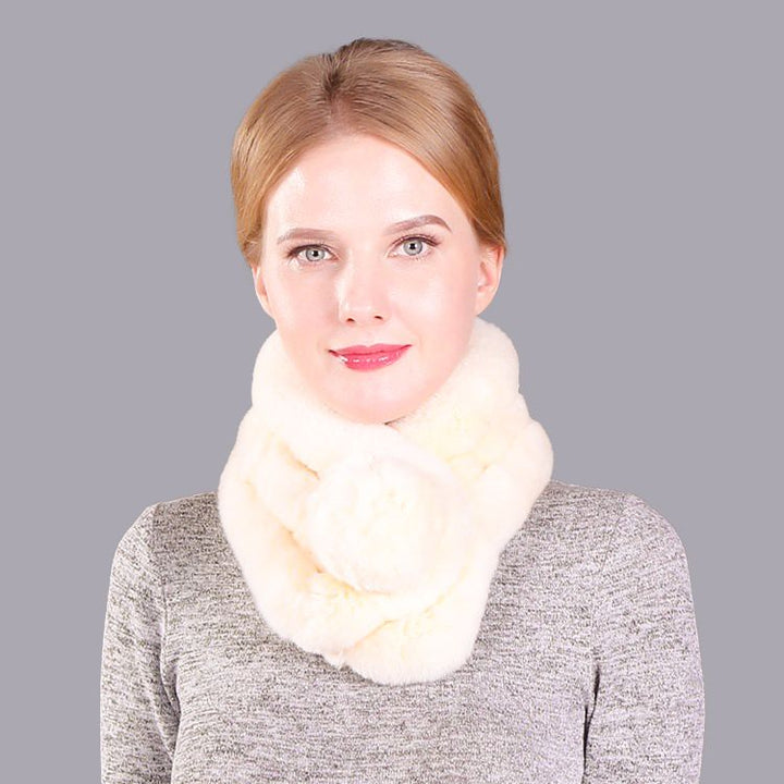 Luxury Real Rabbit Fur Collar Scarf with Pom-Pom Soft Winter Neck Warmer
