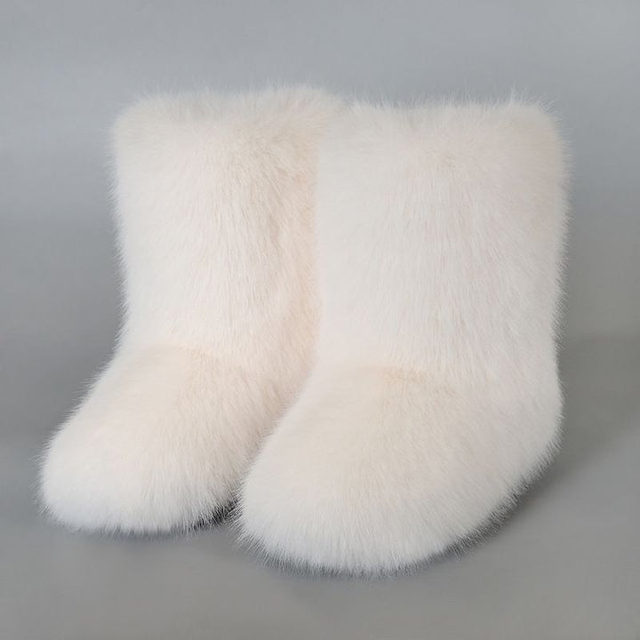Faux Fox Fur Snow Boots for Women Winter Furry Cozy Slip-On Ankle Fur Boots