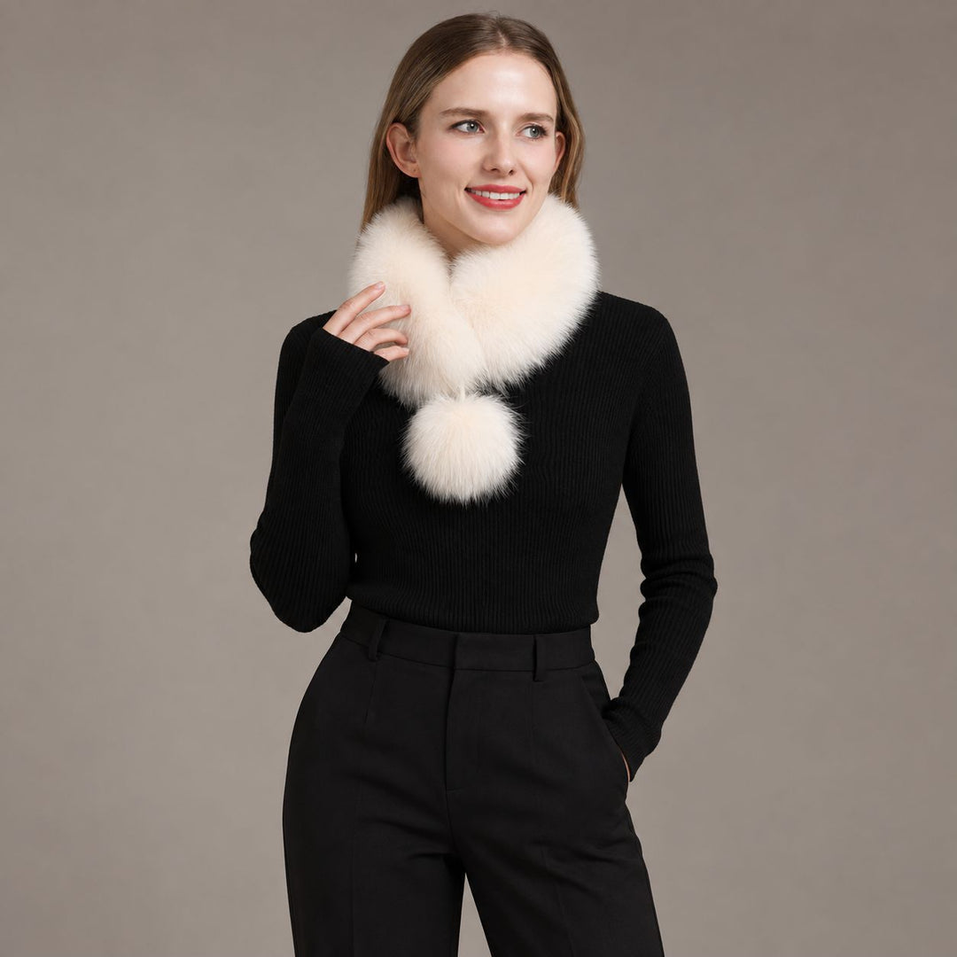 Women’s Real Fox Fur Scarf with Pom-Pom Genuine Fur Collar Neck Warmer