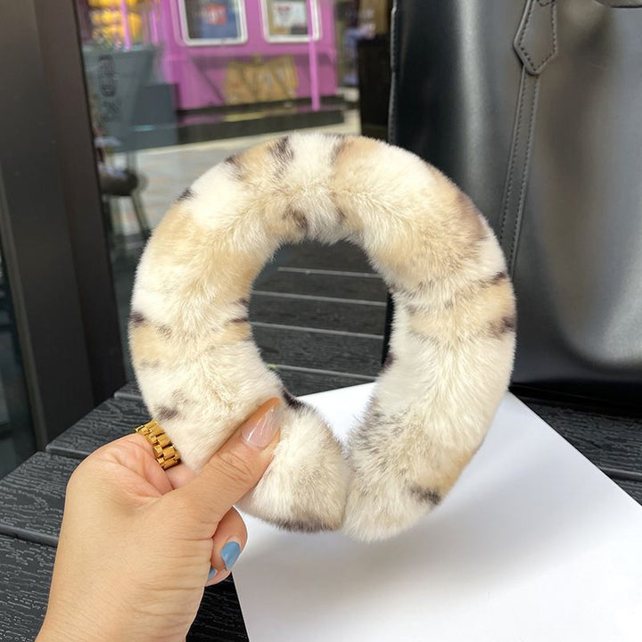 Real Rabbit Fur Headband Women's Soft Plush Leopard Print Hair Accessories
