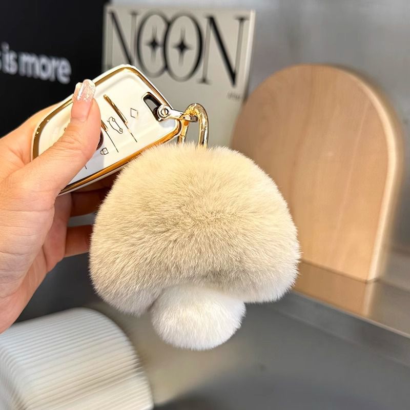 Cute Real Rex Rabbit Fur Mushroom Keychain Fluffy Plush Bag Charm