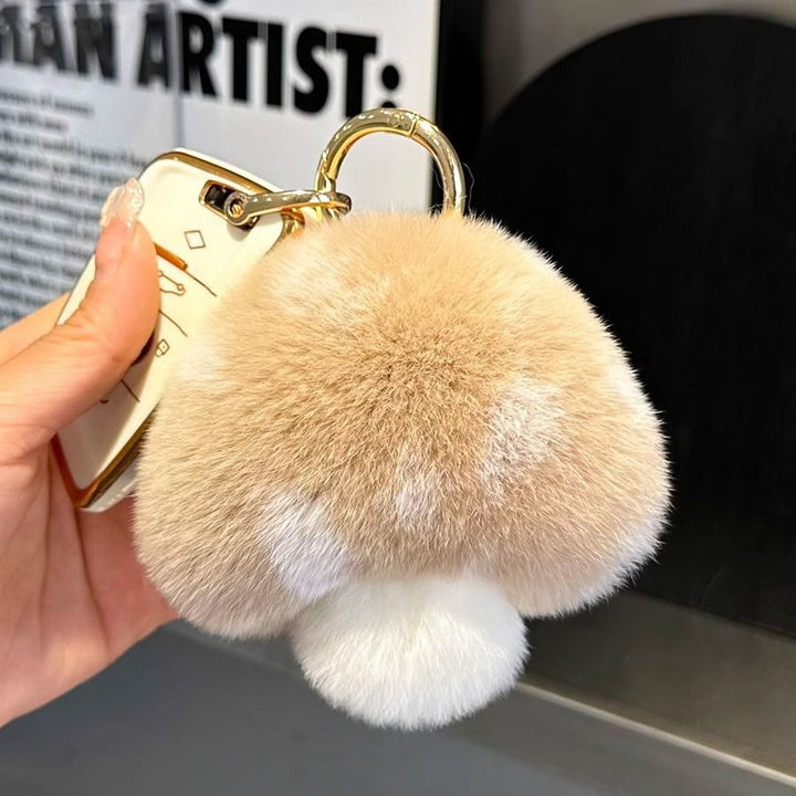 Cute Real Rex Rabbit Fur Mushroom Plush Keychain with White Polka Dots