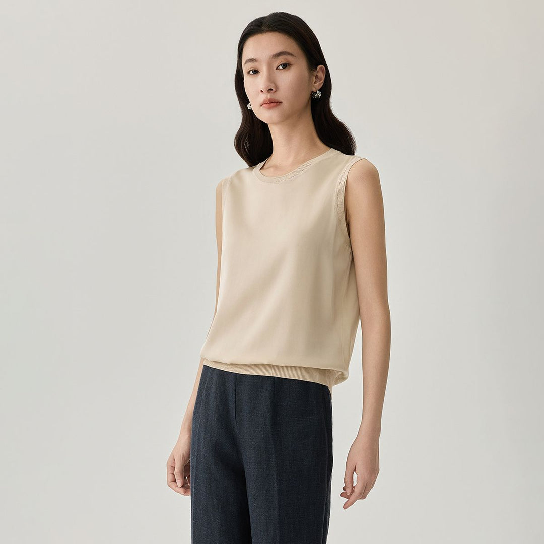 Women's Ribbed Trim Sleeveless Crew Neck Mulberry Silk Tank Top