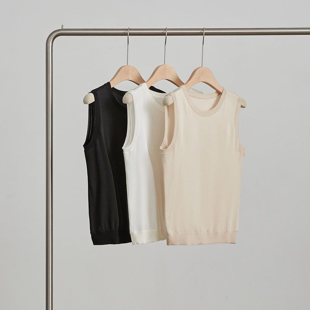 Women's Ribbed Trim Sleeveless Crew Neck Mulberry Silk Tank Top