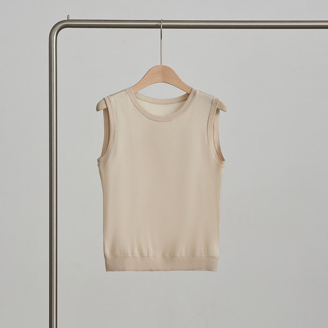 Women's Ribbed Trim Sleeveless Crew Neck Mulberry Silk Tank Top