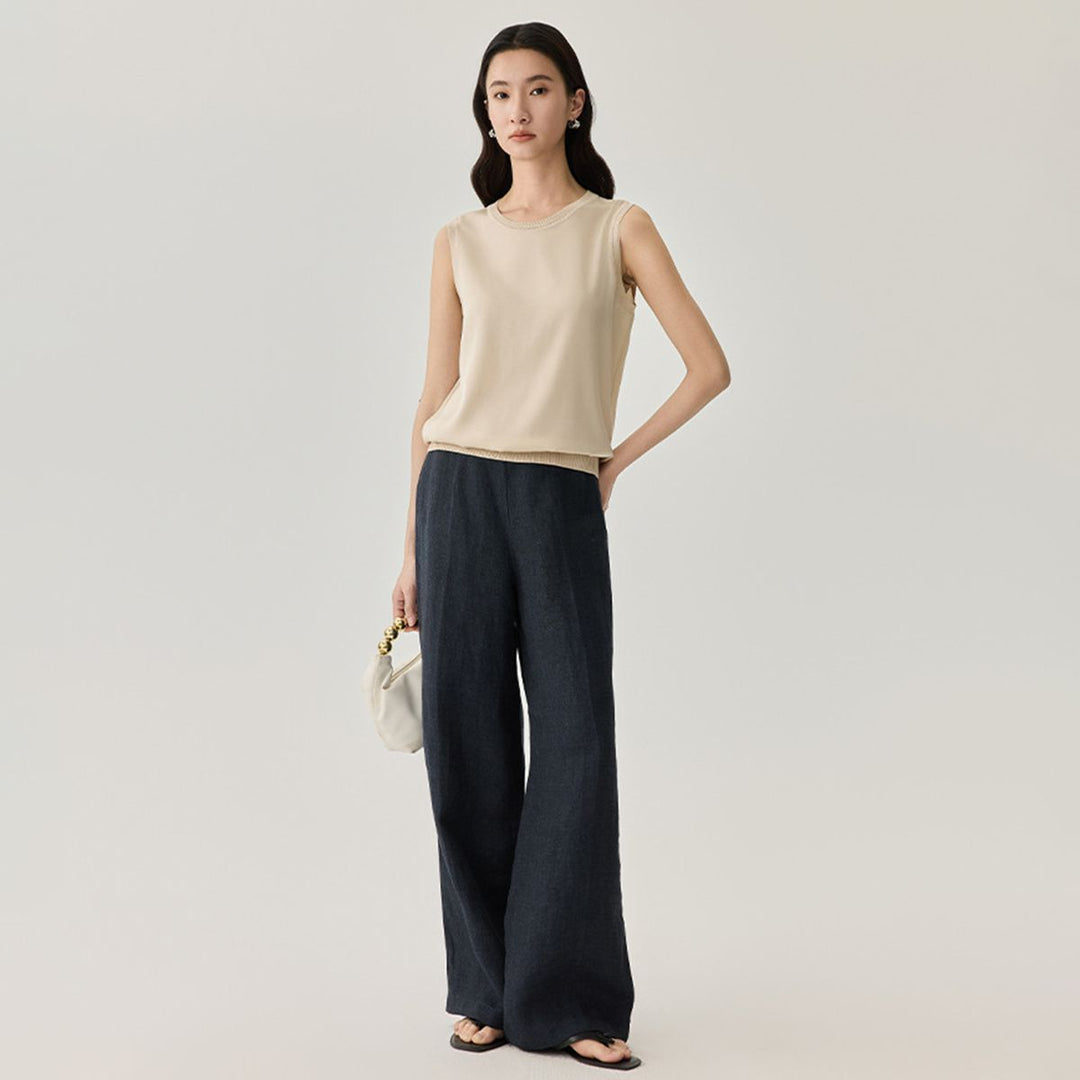 Women's Ribbed Trim Sleeveless Crew Neck Mulberry Silk Tank Top