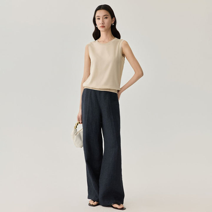 Women's Ribbed Trim Sleeveless Crew Neck Mulberry Silk Tank Top