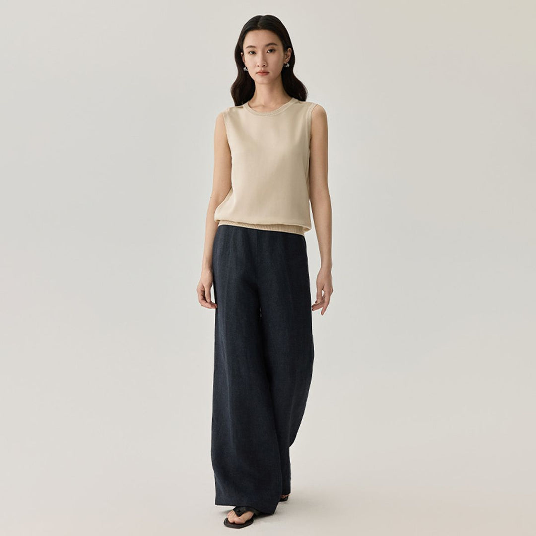 Women's Ribbed Trim Sleeveless Crew Neck Mulberry Silk Tank Top
