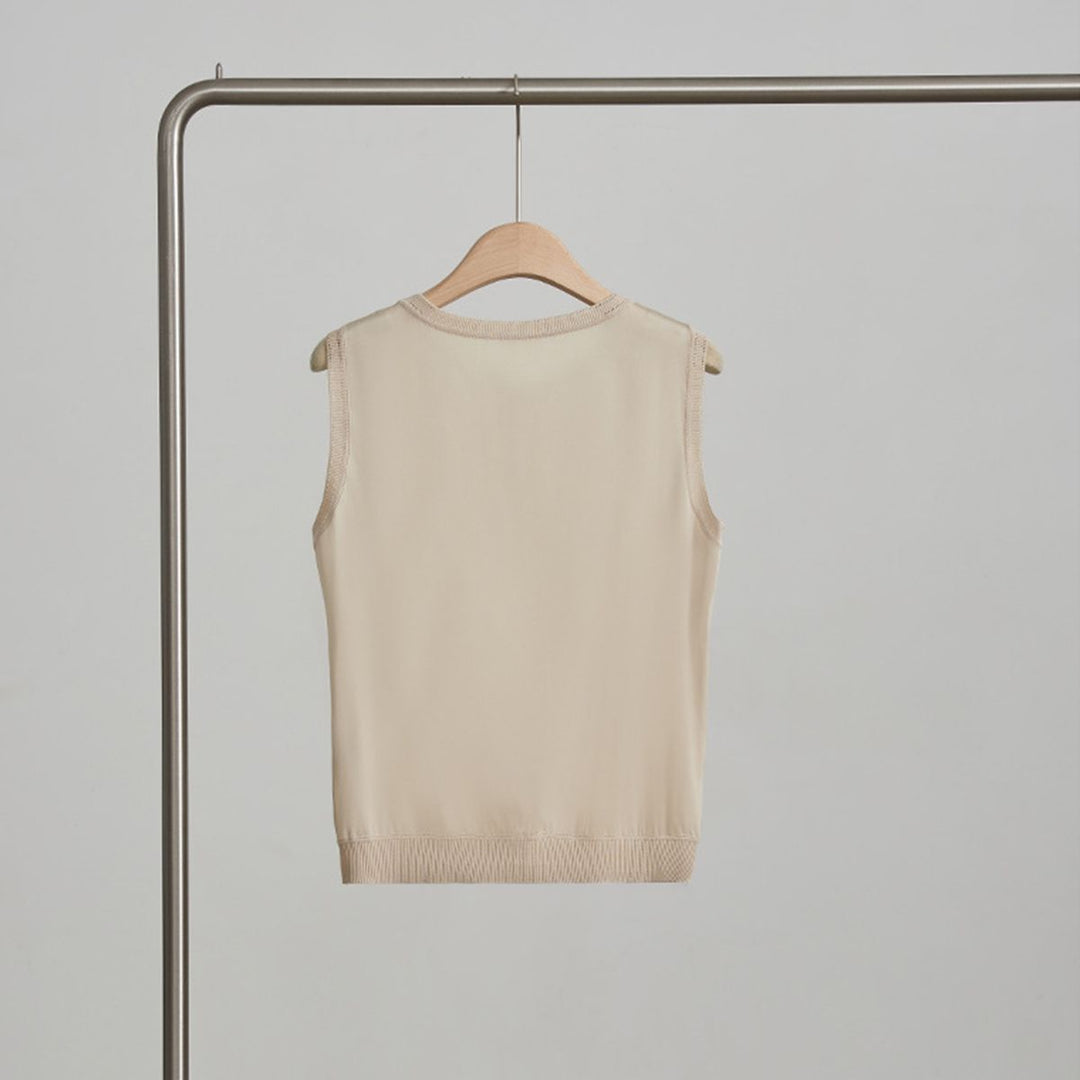 Women's Ribbed Trim Sleeveless Crew Neck Mulberry Silk Tank Top