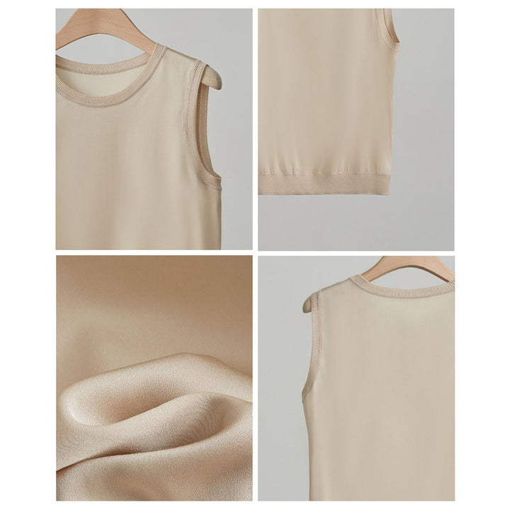 Women's Ribbed Trim Sleeveless Crew Neck Mulberry Silk Tank Top