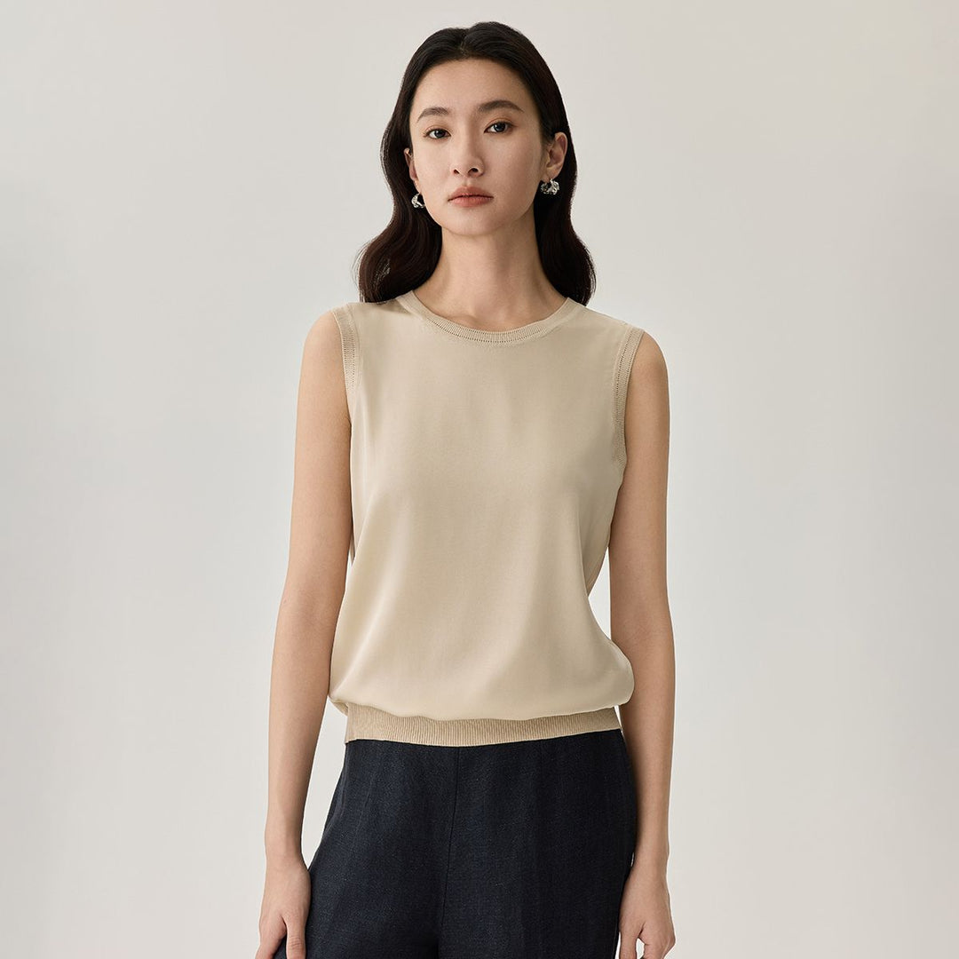 Women's Ribbed Trim Sleeveless Crew Neck Mulberry Silk Tank Top