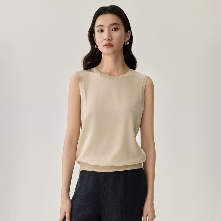 Women's Ribbed Trim Sleeveless Crew Neck Mulberry Silk Tank Top