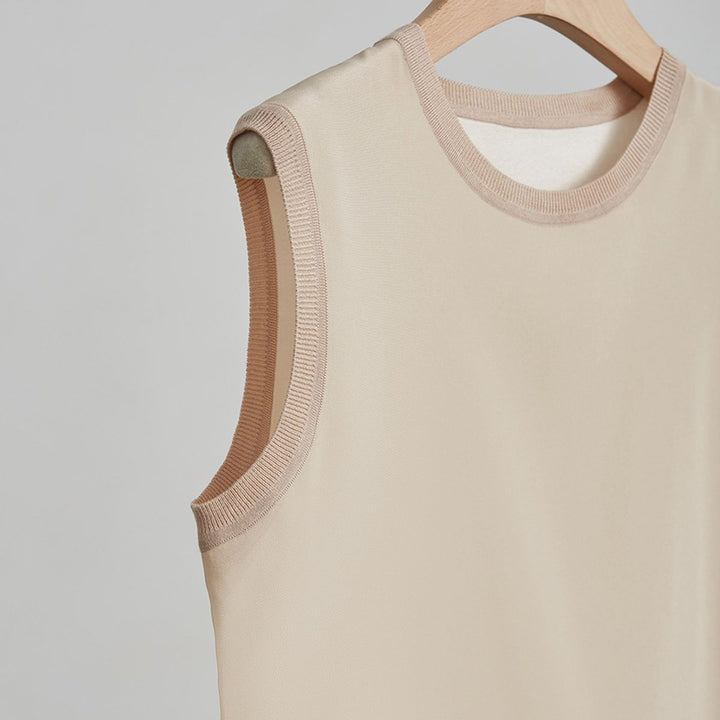 Women's Ribbed Trim Sleeveless Crew Neck Mulberry Silk Tank Top