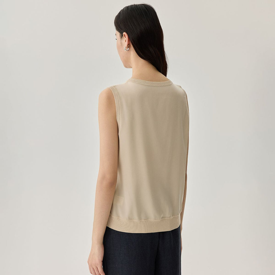 Women's Ribbed Trim Sleeveless Crew Neck Mulberry Silk Tank Top