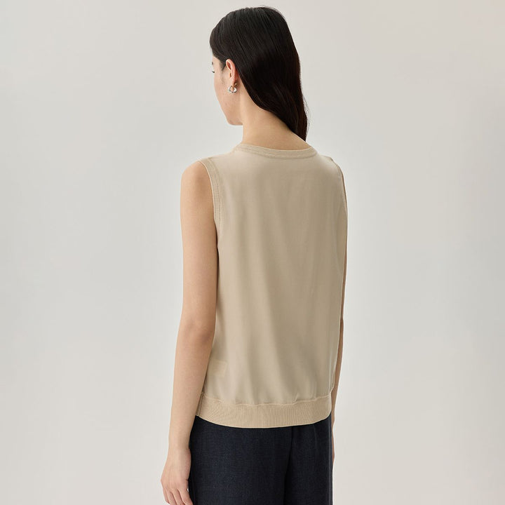 Women's Ribbed Trim Sleeveless Crew Neck Mulberry Silk Tank Top