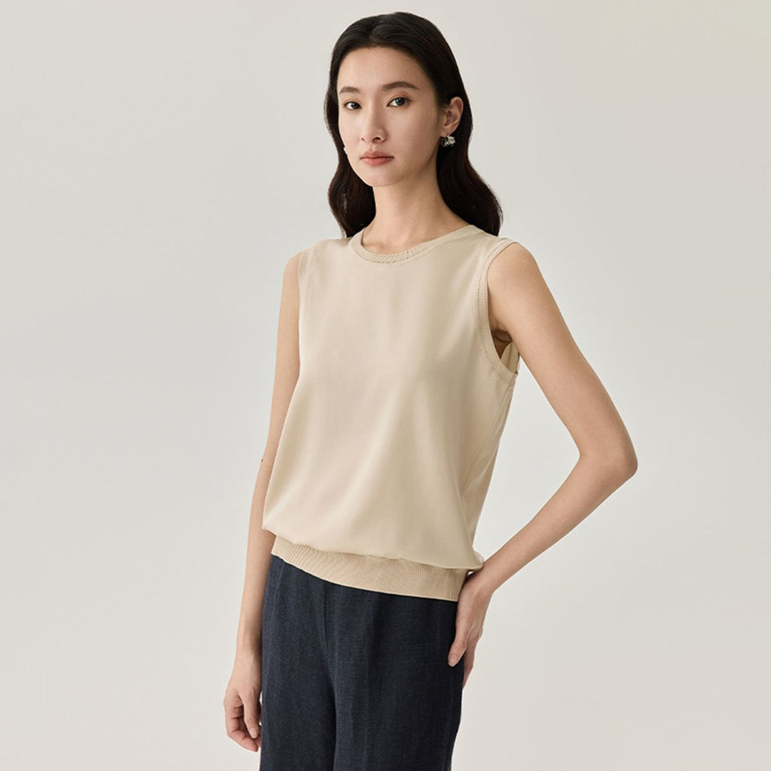 Women's Ribbed Trim Sleeveless Crew Neck Mulberry Silk Tank Top