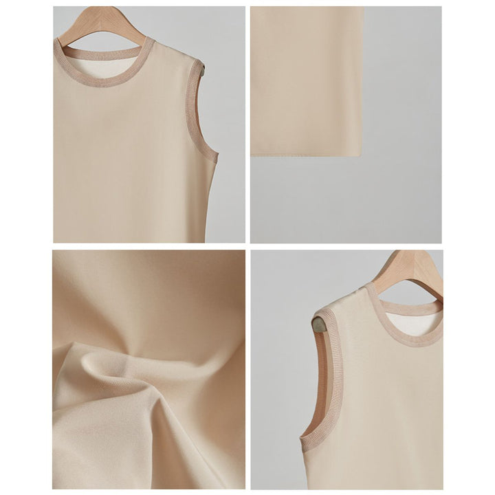 Women's Ribbed Trim Sleeveless Crew Neck Mulberry Silk Tank Top