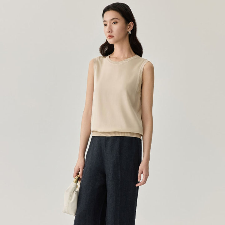Women's Ribbed Trim Sleeveless Crew Neck Mulberry Silk Tank Top