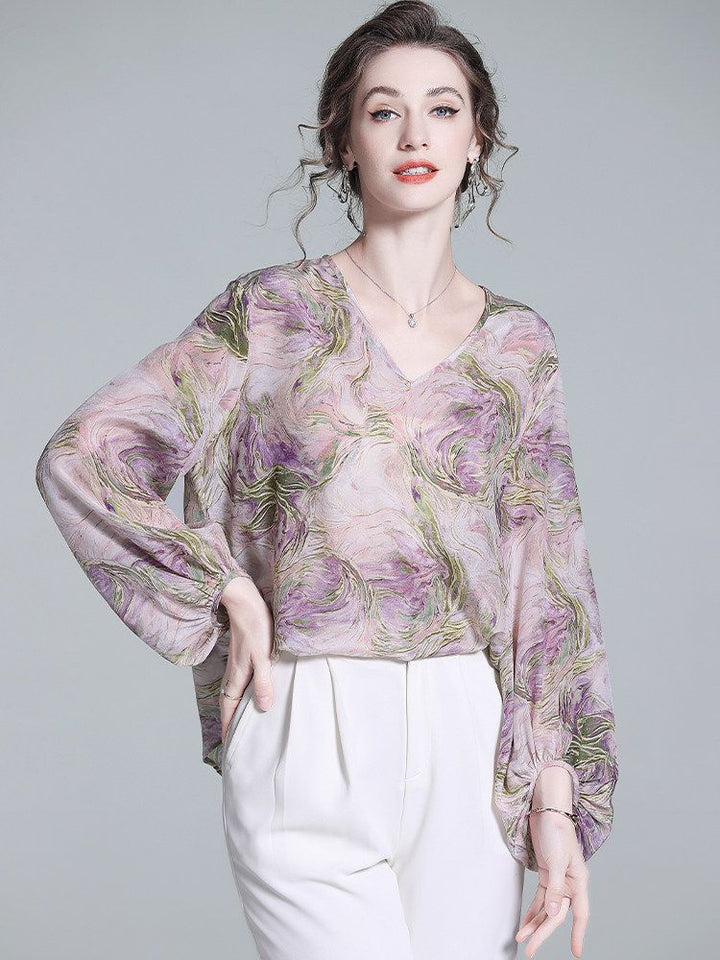 Purple Watercolor Abstract Floral Print V-Neck Puff Sleeve Silk Blouse