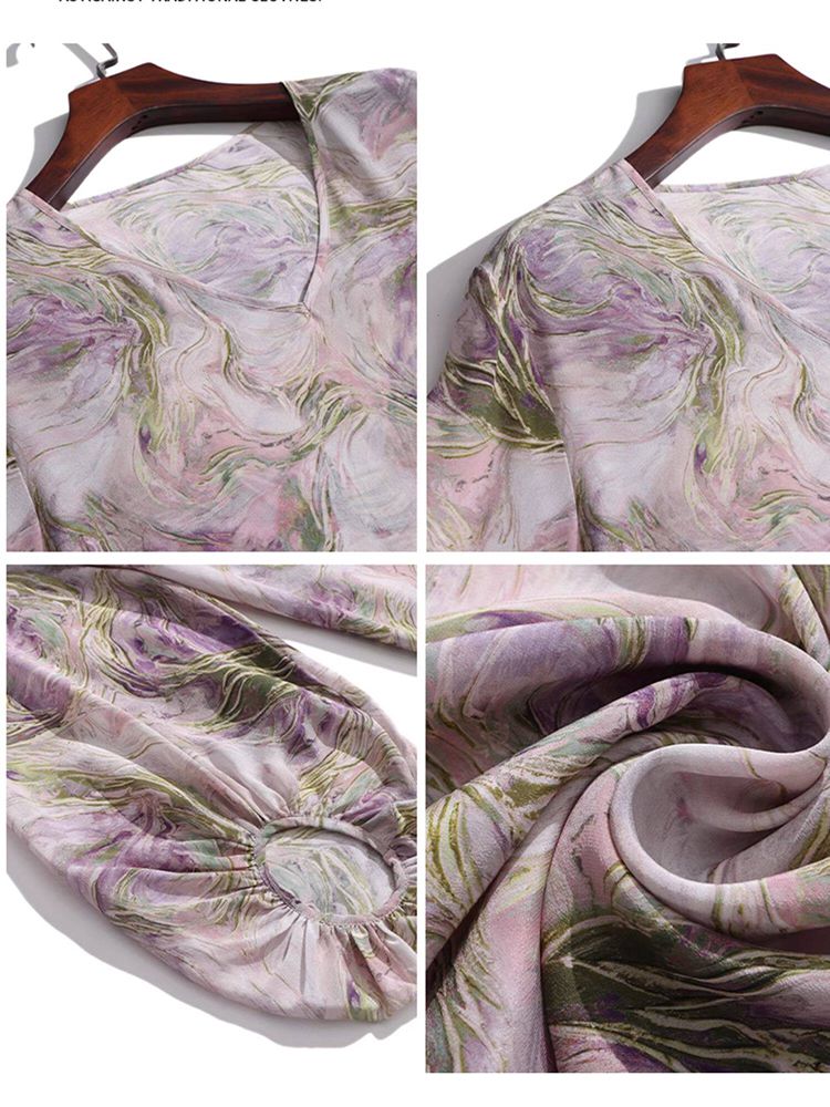 Purple Watercolor Abstract Floral Print V-Neck Puff Sleeve Silk Blouse