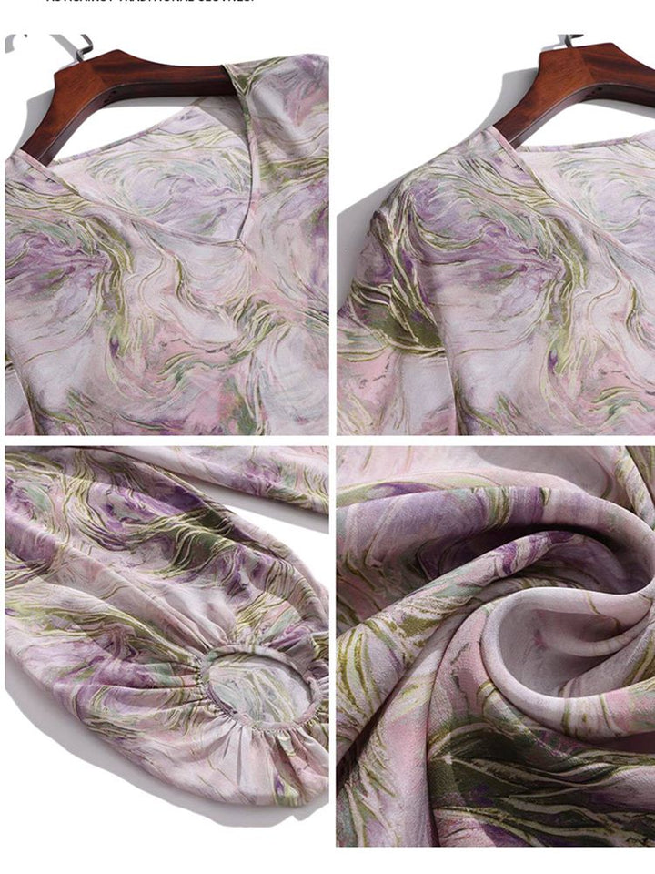 Purple Watercolor Abstract Floral Print V-Neck Puff Sleeve Silk Blouse