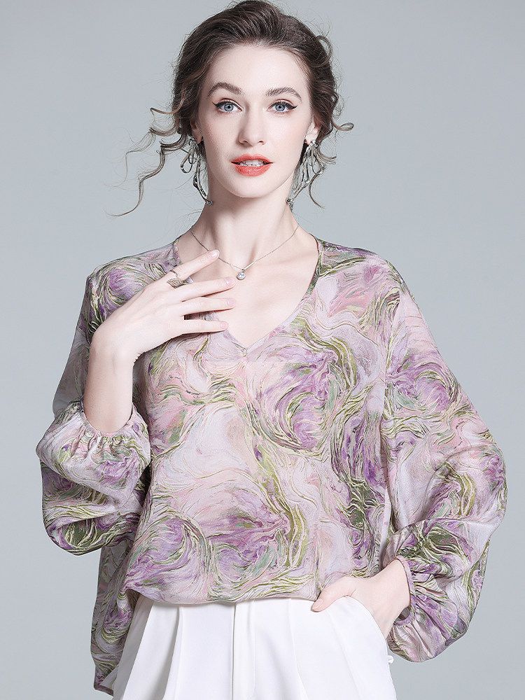 Purple Watercolor Abstract Floral Print V-Neck Puff Sleeve Silk Blouse