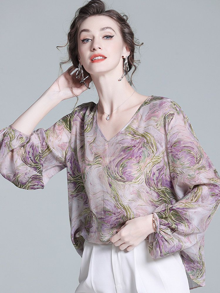 Purple Watercolor Abstract Floral Print V-Neck Puff Sleeve Silk Blouse