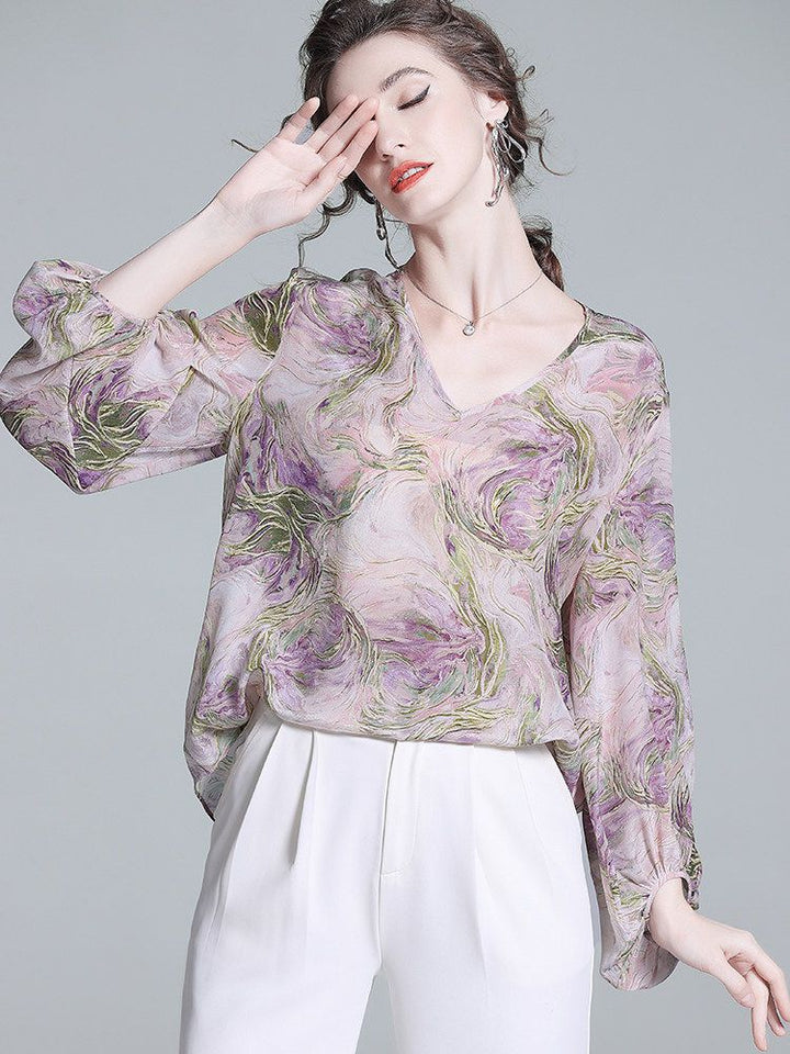 Purple Watercolor Abstract Floral Print V-Neck Puff Sleeve Silk Blouse