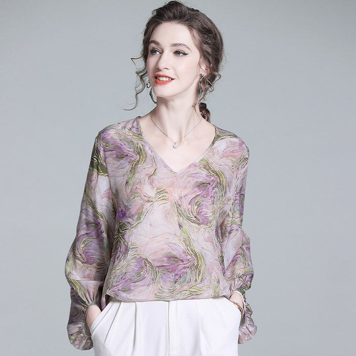 Purple Watercolor Abstract Floral Print V-Neck Puff Sleeve Silk Blouse