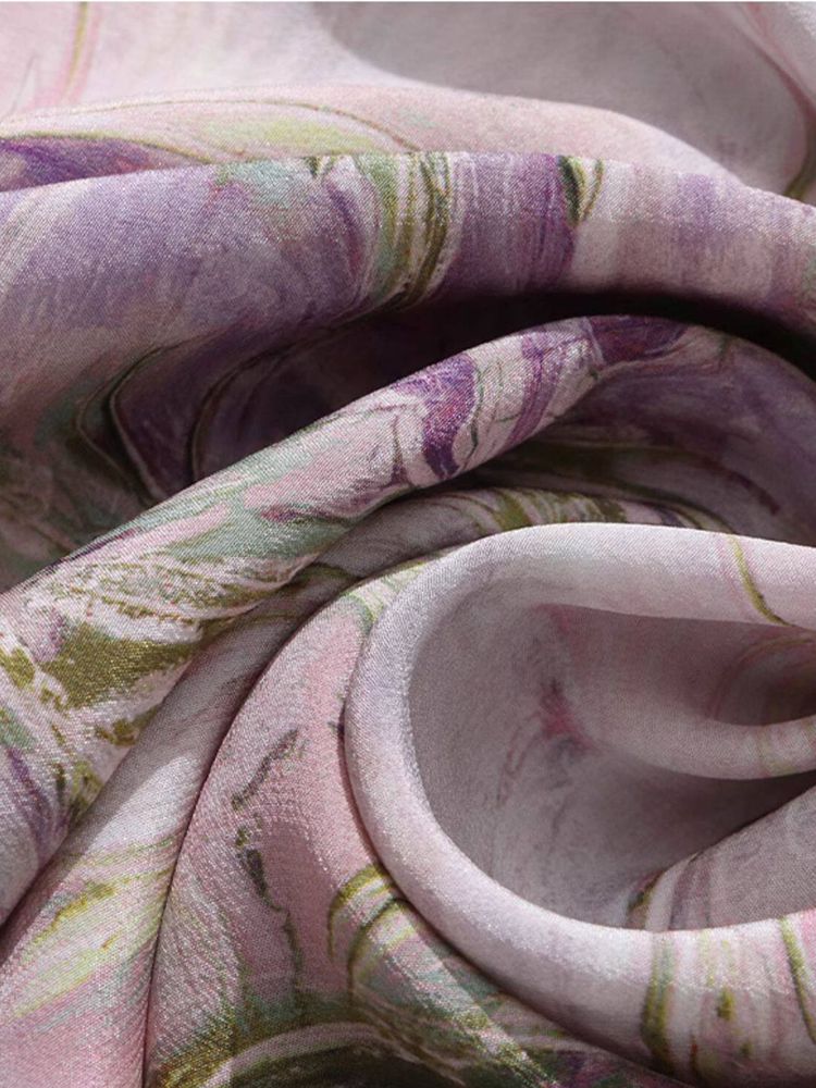 Purple Watercolor Abstract Floral Print V-Neck Puff Sleeve Silk Blouse