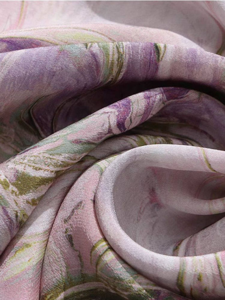 Purple Watercolor Abstract Floral Print V-Neck Puff Sleeve Silk Blouse