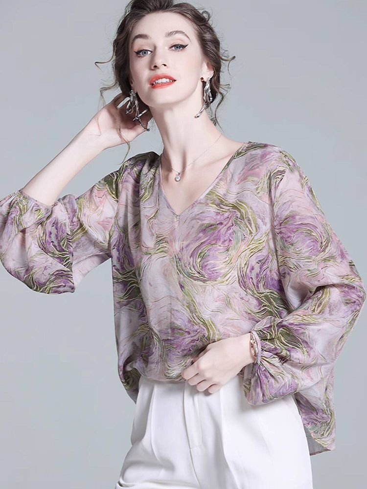 Purple Watercolor Abstract Floral Print V-Neck Puff Sleeve Silk Blouse