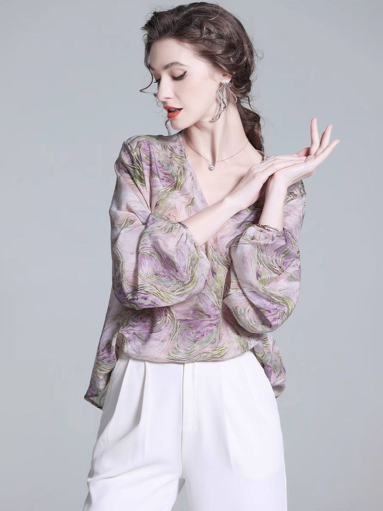 Purple Watercolor Abstract Floral Print V-Neck Puff Sleeve Silk Blouse