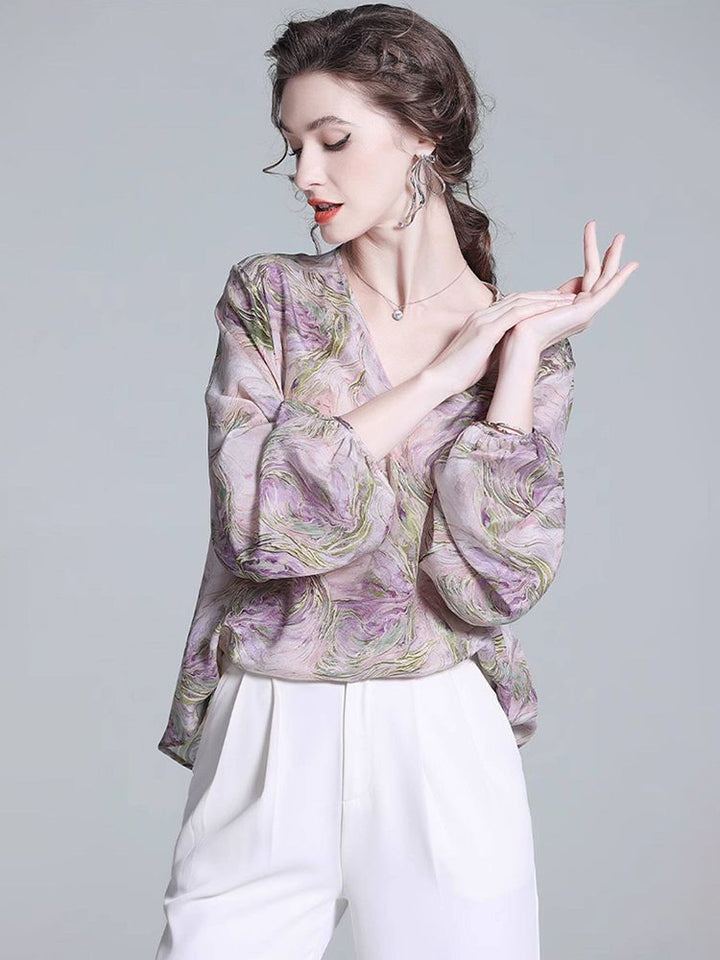 Purple Watercolor Abstract Floral Print V-Neck Puff Sleeve Silk Blouse