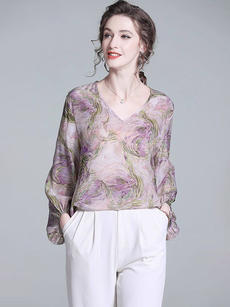 Purple Watercolor Abstract Floral Print V-Neck Puff Sleeve Silk Blouse