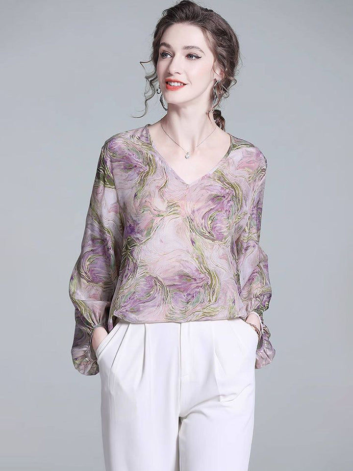 Purple Watercolor Abstract Floral Print V-Neck Puff Sleeve Silk Blouse